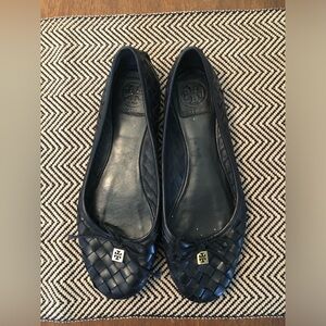 Tory Burch Preston Woven Black Ballet Flat Shoes. Bow, Leather Soles. 9.5